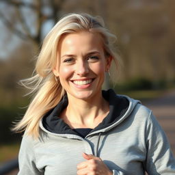 A 37-year-old European woman with light blonde hair, styled casually but stylishly