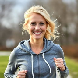 A 37-year-old European woman with light blonde hair, styled casually but stylishly