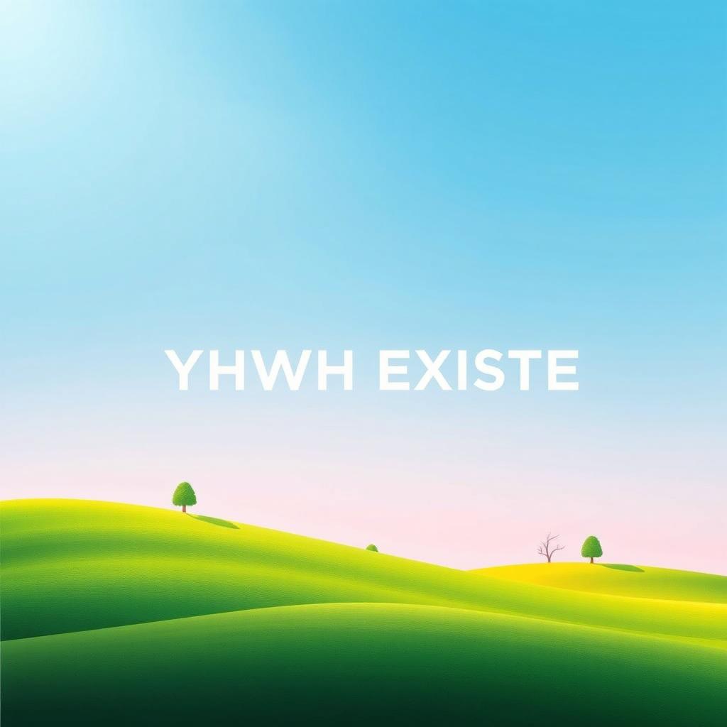 A minimalist book cover for 'YHWH EXISTE', featuring a serene paradise-inspired landscape in soft, vibrant colors