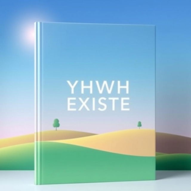 A minimalist book cover for 'YHWH EXISTE', featuring a serene paradise-inspired landscape in soft, vibrant colors