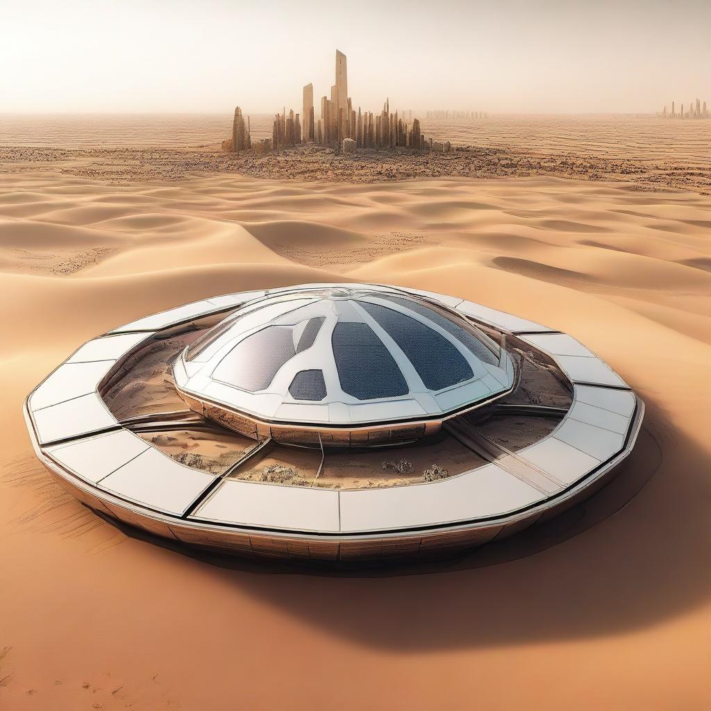 A futuristic octagonal cityscape situated in the desert landscape of Saudi Arabia