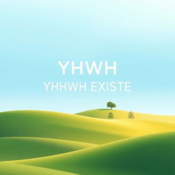 A minimalist book cover for 'YHWH EXISTE', featuring a serene paradise-inspired landscape in soft, vibrant colors