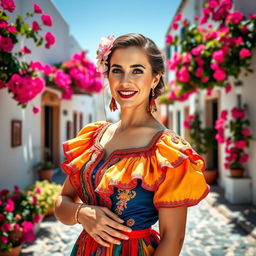 A beautiful Spanish woman in traditional attire, showcasing intricate details of her colorful dress and vibrant accessories