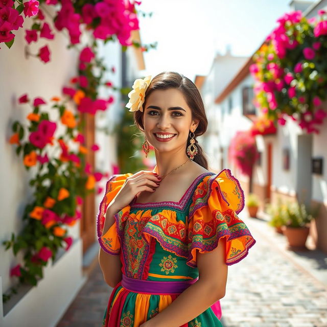 A beautiful Spanish woman in traditional attire, showcasing intricate details of her colorful dress and vibrant accessories