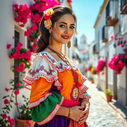 A beautiful Spanish woman in traditional attire, showcasing intricate details of her colorful dress and vibrant accessories