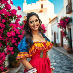 A beautiful Spanish woman in traditional attire, showcasing intricate details of her colorful dress and vibrant accessories