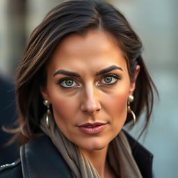 A beautiful woman between the ages of 35 and 45 with dark hair, wearing stylish clothing