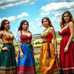 A group of sexy and provocative peasant women wearing traditional peasant dresses with deep necklines that accentuate their excessively large busts