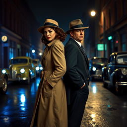 In full-body view, a 1940s detective pair, a stylish woman and a suave man, stands back-to-back in a dimly lit street