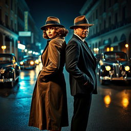 In full-body view, a 1940s detective pair, a stylish woman and a suave man, stands back-to-back in a dimly lit street