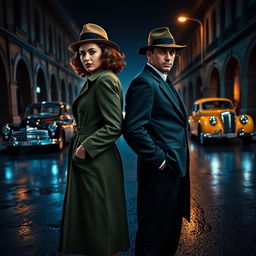 In full-body view, a 1940s detective pair, a stylish woman and a suave man, stands back-to-back in a dimly lit street