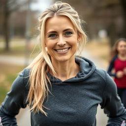 A 37-year-old European woman with light blonde hair, dressed in a sporty hoodie that showcases her active lifestyle