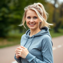 A 37-year-old European woman with light blonde hair, dressed in a sporty hoodie that showcases her active lifestyle