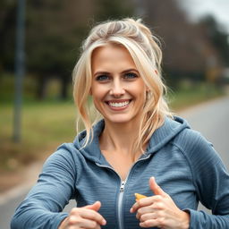 A 37-year-old European woman with light blonde hair, dressed in a sporty hoodie that showcases her active lifestyle