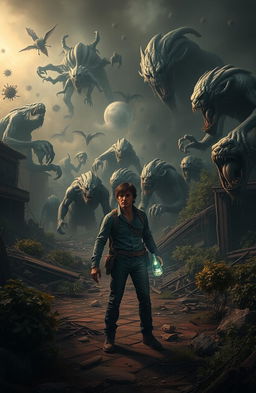 A desolate and chaotic landscape ravaged by a mysterious virus, featuring mutated creatures that were once human, now terrifying and monstrous, displaying grotesque features and a thirst for destruction
