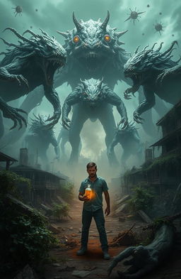 A desolate and chaotic landscape ravaged by a mysterious virus, featuring mutated creatures that were once human, now terrifying and monstrous, displaying grotesque features and a thirst for destruction