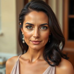 A woman aged 35-45 years with dark hair, dressed elegantly