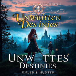 A fantasy romance novel cover titled 'Unwritten Destinies' featuring a mystical winding forest path at dusk leading towards a mysterious, hidden castle shrouded in mist