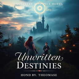 A fantasy romance novel cover titled 'Unwritten Destinies' featuring a mystical winding forest path at dusk leading towards a mysterious, hidden castle shrouded in mist