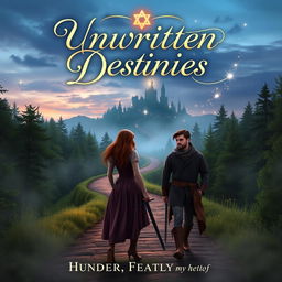 A fantasy romance novel cover titled 'Unwritten Destinies' featuring a mystical winding forest path at dusk leading towards a mysterious, hidden castle shrouded in mist