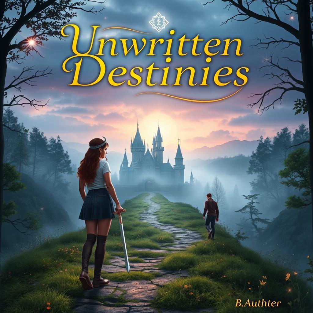 A fantasy romance novel cover titled 'Unwritten Destinies' featuring a mystical winding forest path at dusk leading towards a mysterious, hidden castle shrouded in mist