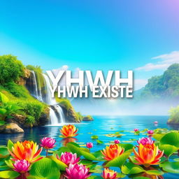A vibrant book cover for 'YHWH EXISTE', inspired by the simplicity of a previous black and white design, now rendered in color