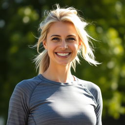 A 37-year-old woman with light blonde hair, showcasing European features, dressed in a sporty sweater