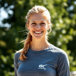 A 37-year-old woman with light blonde hair, showcasing European features, dressed in a sporty sweater