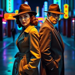 A full-body view of a 1940s detective pair, a stylish woman and a suave man, standing back-to-back in a street awash in blue and green colors