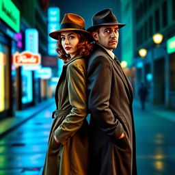 A full-body view of a 1940s detective pair, a stylish woman and a suave man, standing back-to-back in a street awash in blue and green colors