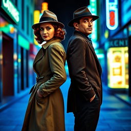 A full-body view of a 1940s detective pair, a stylish woman and a suave man, standing back-to-back in a street awash in blue and green colors