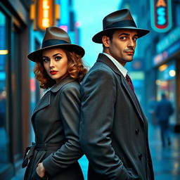 A full-body view of a 1940s detective pair, a stylish woman and a suave man, standing back-to-back in a street awash in blue and green colors