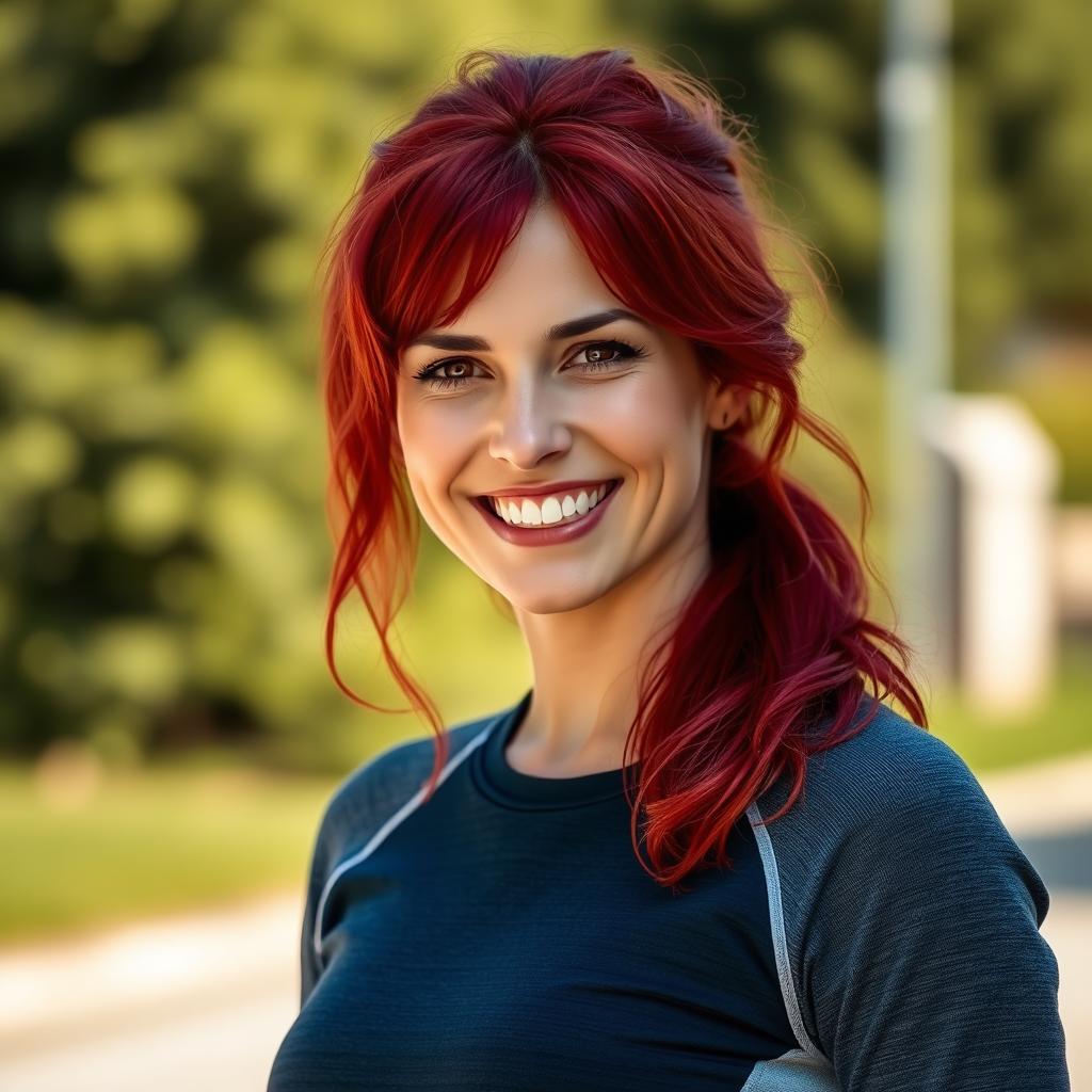 A 37-year-old woman with vibrant red hair, showcasing European features, dressed in a sporty sweater