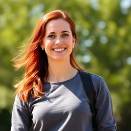 A 37-year-old woman with vibrant red hair, showcasing European features, dressed in a sporty sweater