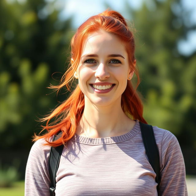 A 37-year-old woman with vibrant red hair, showcasing European features, dressed in a sporty sweater