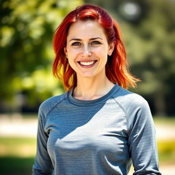 A 37-year-old woman with vibrant red hair, showcasing European features, dressed in a sporty sweater