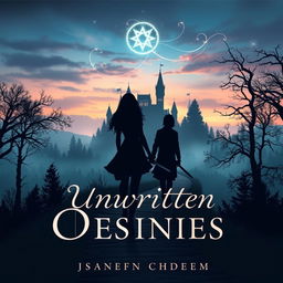 A fantasy romance novel cover titled 'Unwritten Destinies' featuring a mystical winding forest path at dusk leading towards a mysterious, hidden castle shrouded in mist