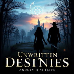 A fantasy romance novel cover titled 'Unwritten Destinies' featuring a mystical winding forest path at dusk leading towards a mysterious, hidden castle shrouded in mist