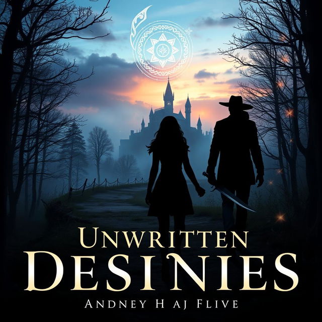 A fantasy romance novel cover titled 'Unwritten Destinies' featuring a mystical winding forest path at dusk leading towards a mysterious, hidden castle shrouded in mist