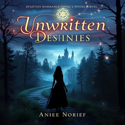 A fantasy romance novel cover titled 'Unwritten Destinies' featuring a mystical winding forest path at dusk leading towards a mysterious, hidden castle shrouded in mist