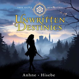 A fantasy romance novel cover titled 'Unwritten Destinies' featuring a mystical winding forest path at dusk leading towards a mysterious, hidden castle shrouded in mist