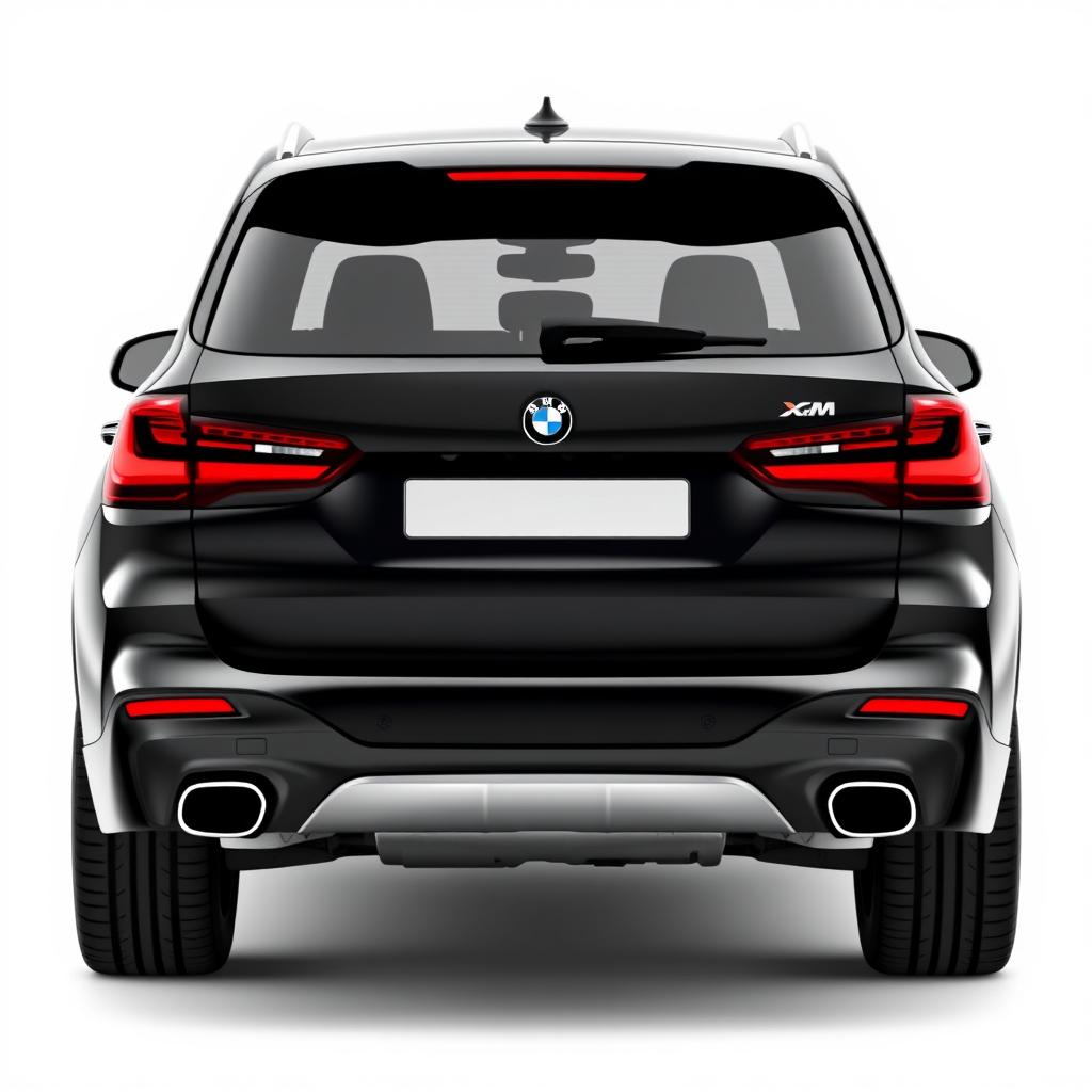 A sophisticated black BMW XM viewed from the back, showcasing its distinctive tail lights and sleek lines