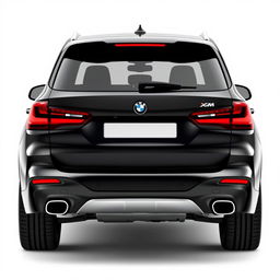 A sophisticated black BMW XM viewed from the back, showcasing its distinctive tail lights and sleek lines