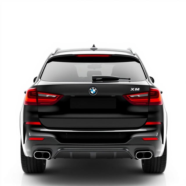 A sophisticated black BMW XM viewed from the back, showcasing its distinctive tail lights and sleek lines