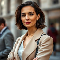 A European woman aged between 35-40 years old, with dark or light hair, dressed in a stylish outfit that reflects sophistication and elegance