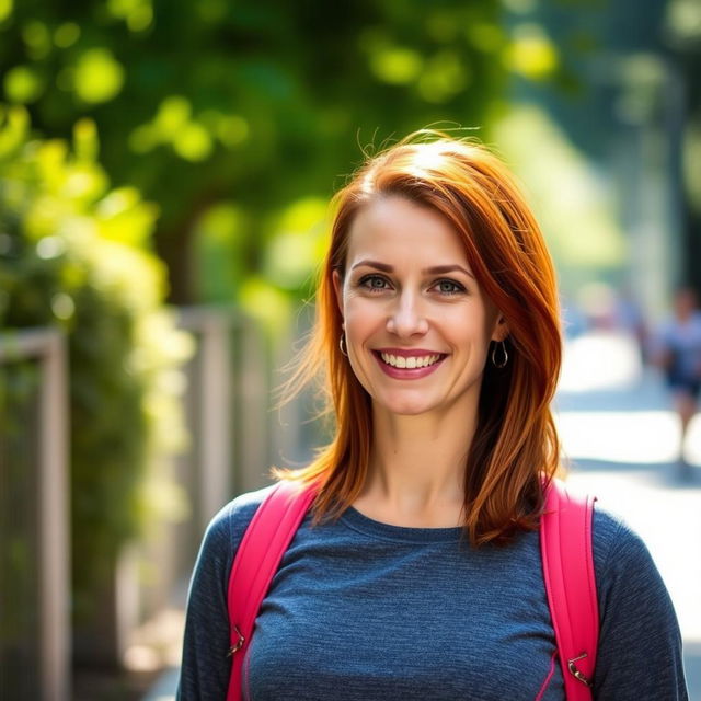 A 37-year-old woman with striking red hair, featuring European characteristics, dressed in a stylish sporty sweater