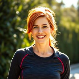 A 37-year-old woman with striking red hair, featuring European characteristics, dressed in a stylish sporty sweater