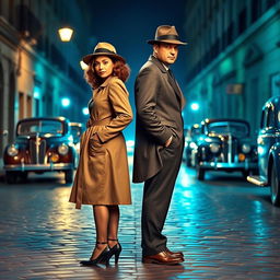 In a full-body view from head to feet, a 1940s detective pair, a stylish woman and a dapper man, stands back-to-back on a street infused with blue and green colors