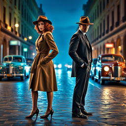 In a full-body view from head to feet, a 1940s detective pair, a stylish woman and a dapper man, stands back-to-back on a street infused with blue and green colors