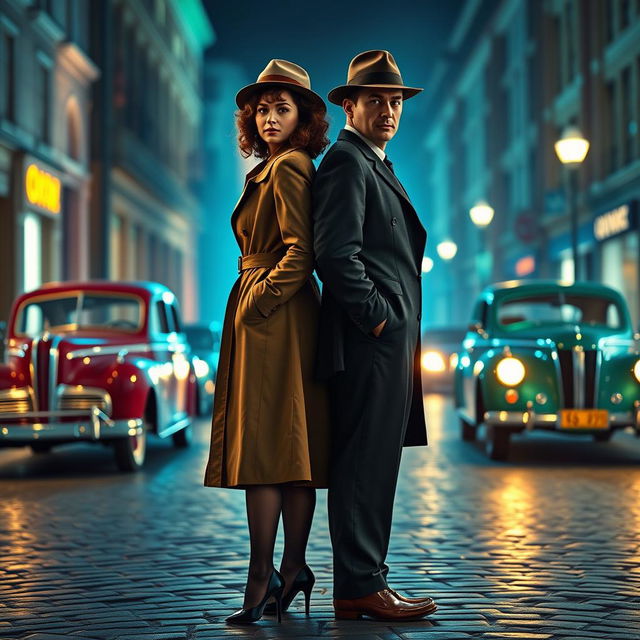 In a full-body view from head to feet, a 1940s detective pair, a stylish woman and a dapper man, stands back-to-back on a street infused with blue and green colors